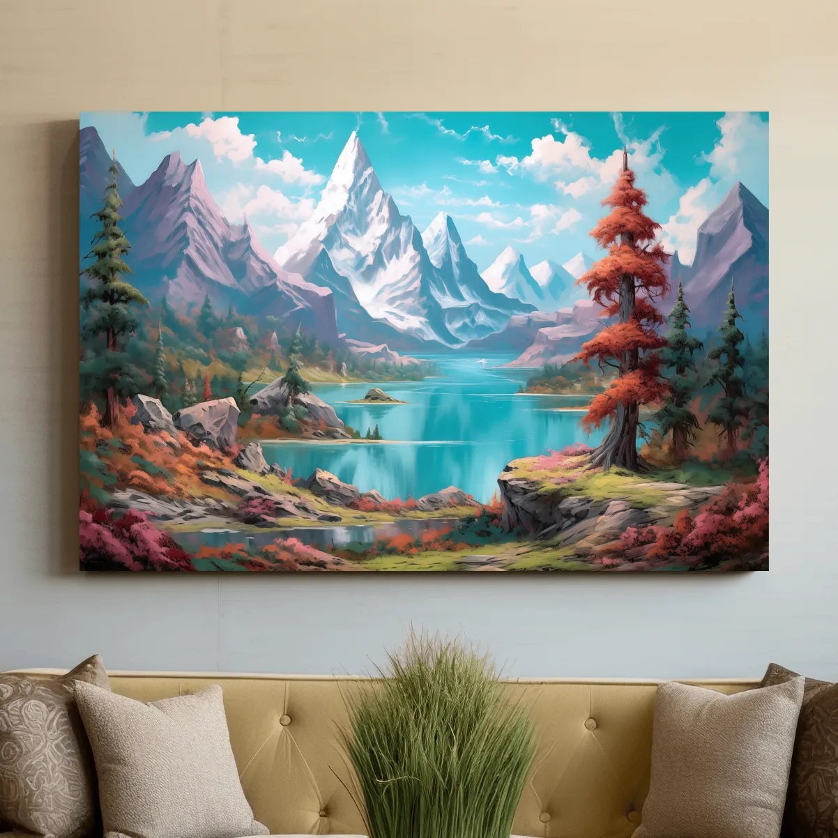 Painting of a surreal alpine mountain landscape