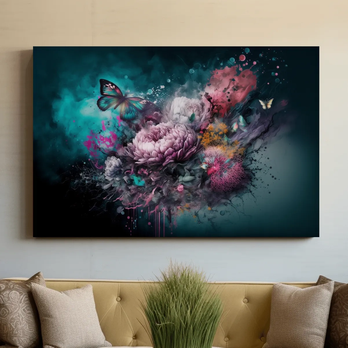 Fantasy floral explosion artwork with butterflies, vibrant abstract wall art 
