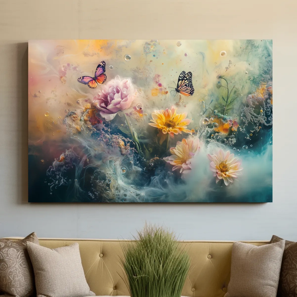 Abstract butterfly and flower wall art painting, dreamy pastel artwork