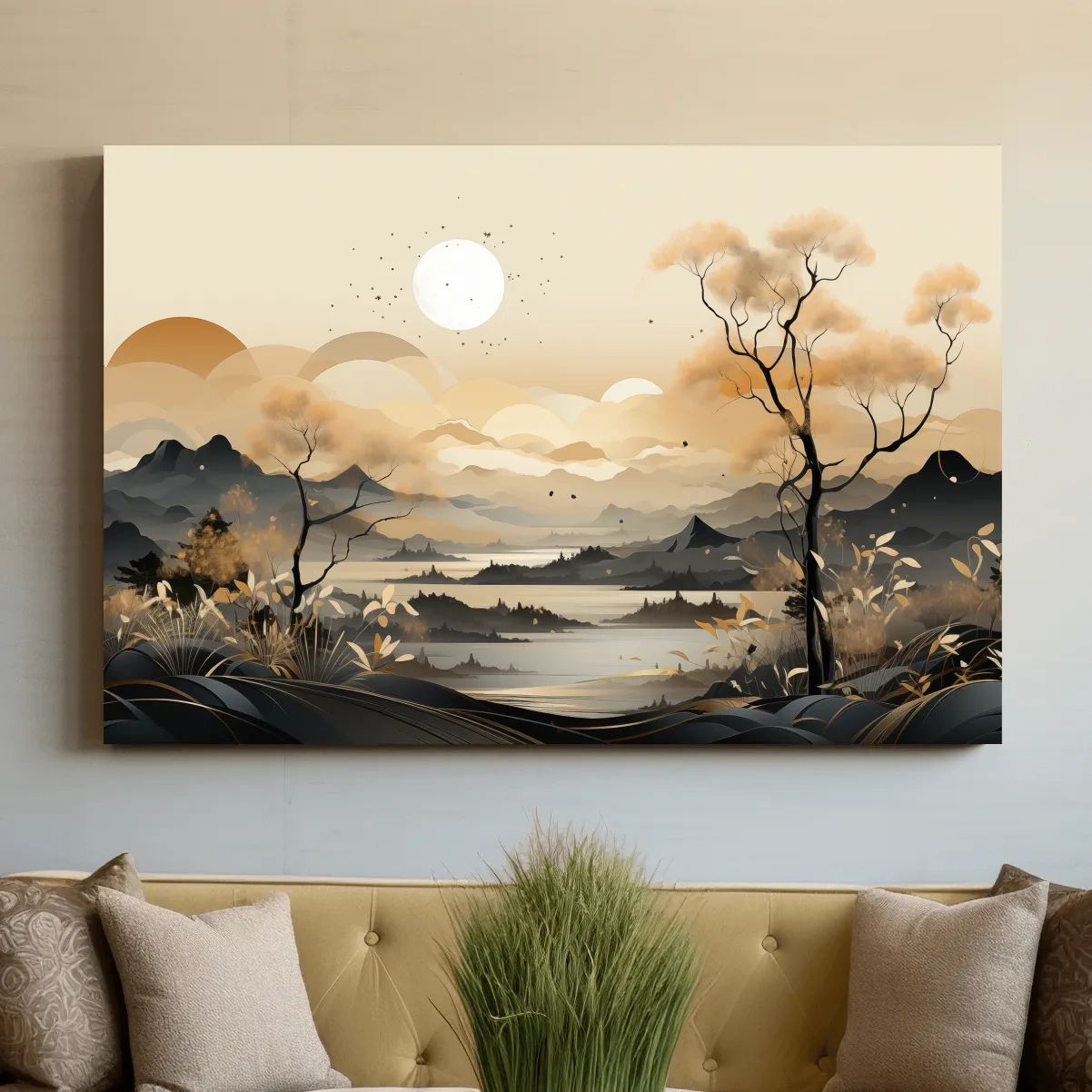 Golden surreal landscape at sunset