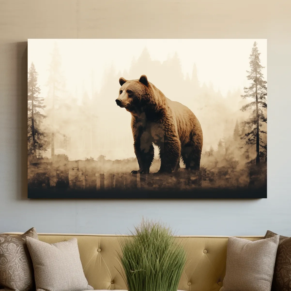 Grizzly bear in the forest, double exposure sepia photography artwork