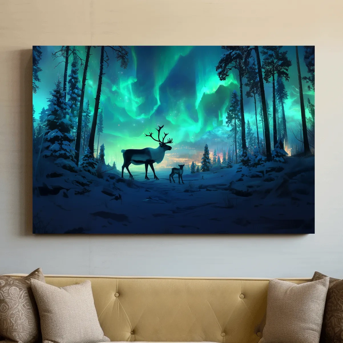 Caribou Buck Under Aurora Borealis Winter Scene - Fantasy Northern Lights Forest Wall Art