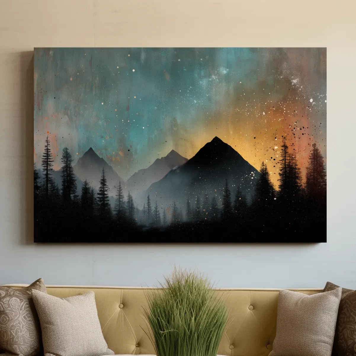 Colorful mountain sunrise artwork, misty forest and starry sky painting