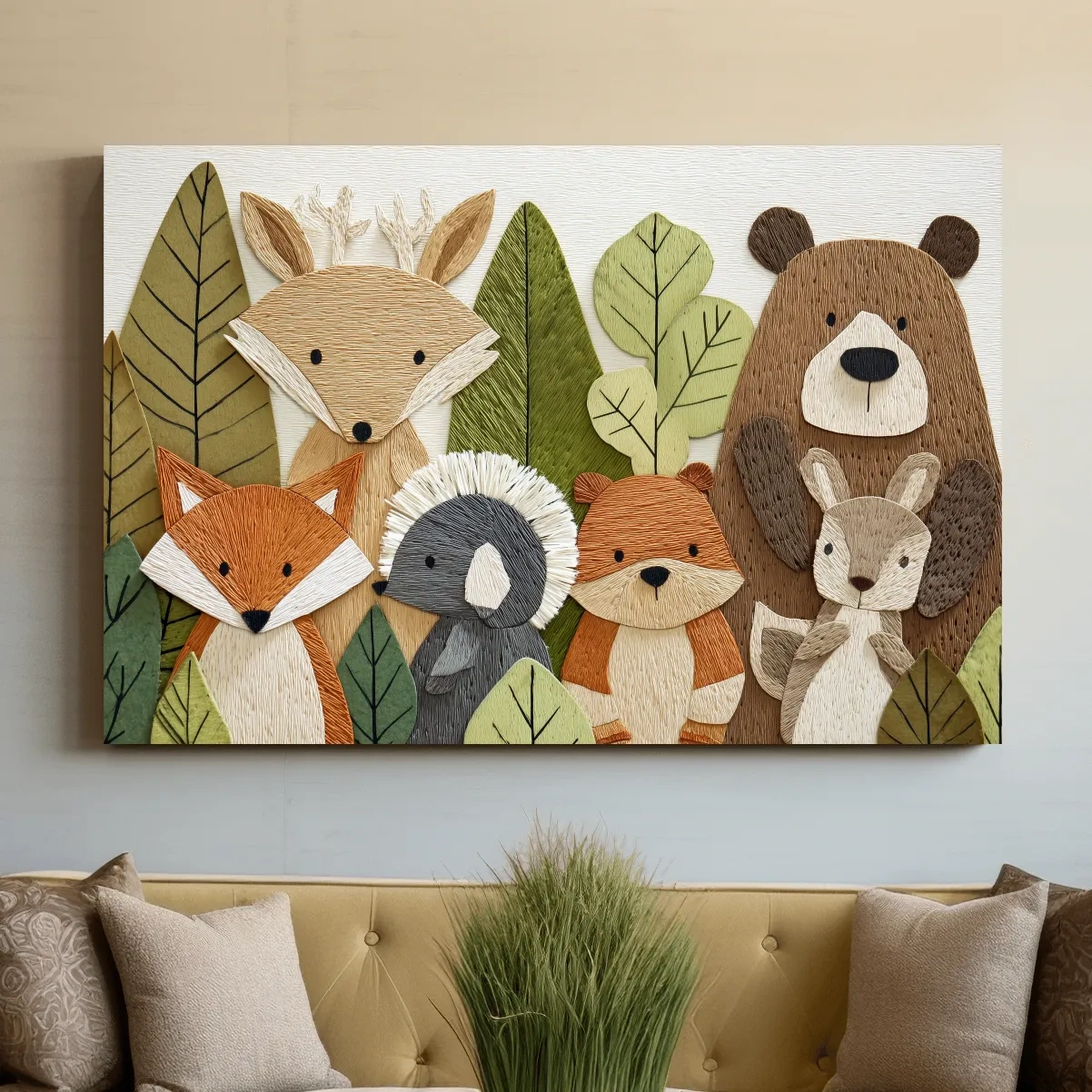 Woodland animal nursery decor, cute forest animal wall art in textured embroidery style
