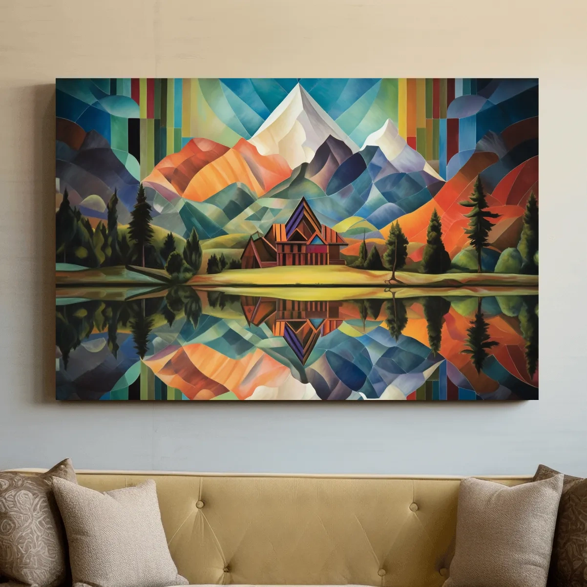 Vibrant Geometric Mountain Cabin Lake Reflection - Colorful Abstract Landscape Wall Art