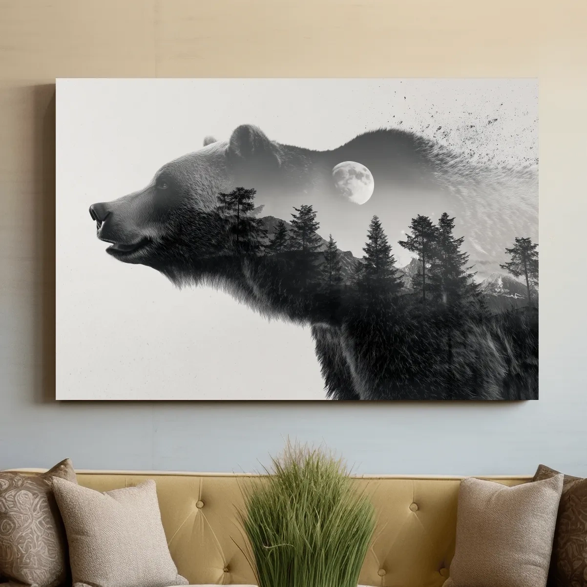Grizzly bear wall art, moonlit forest double exposure artwork