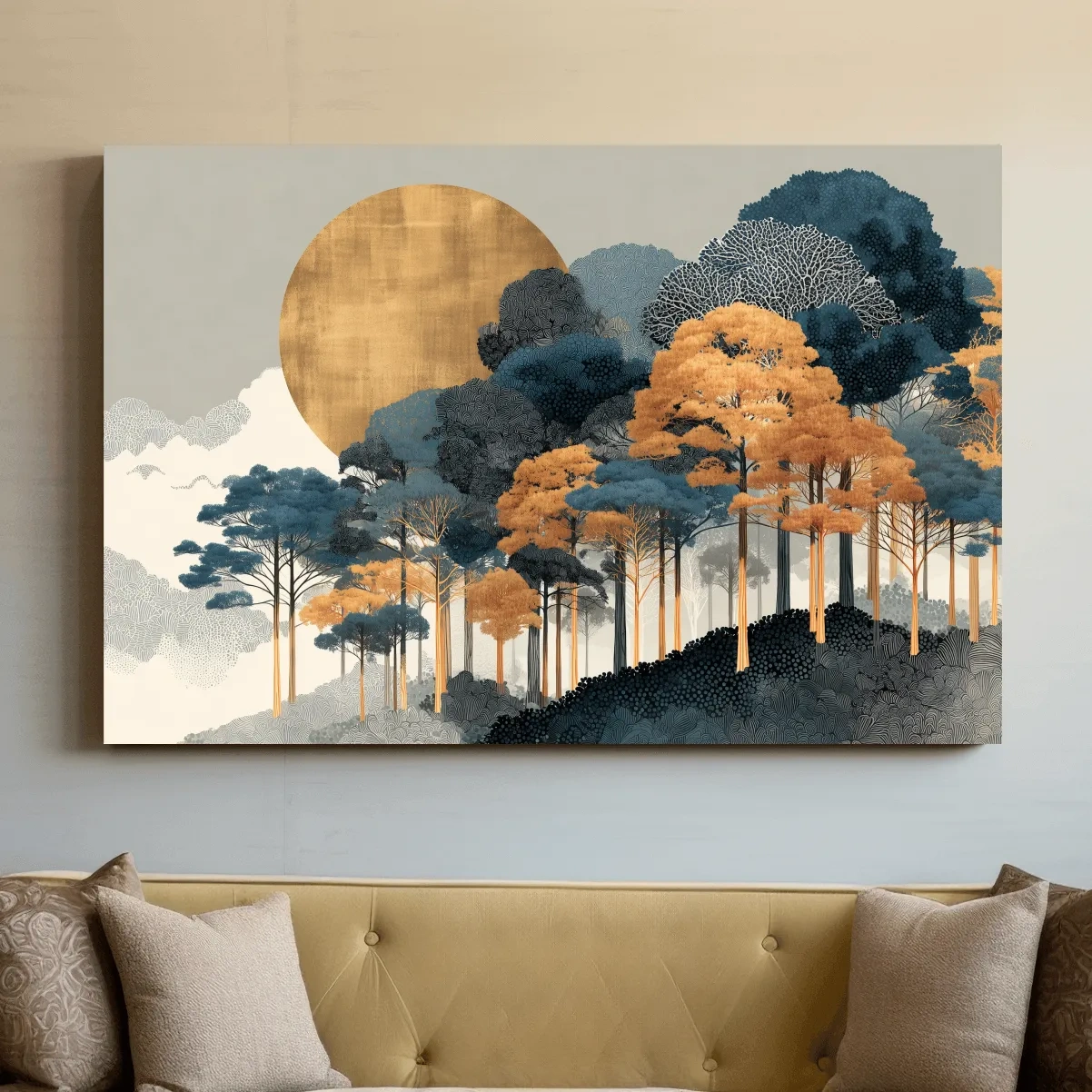 Modern Chic Golden Sun Over Autumn Forest - Elegant Boho Landscape Wall Art