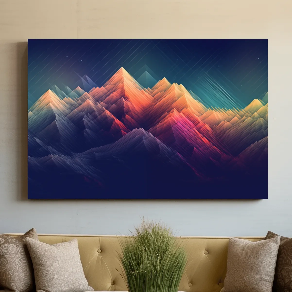 Vibrant Geometric Neon Mountain Peaks - Abstract Alpine Wall Art