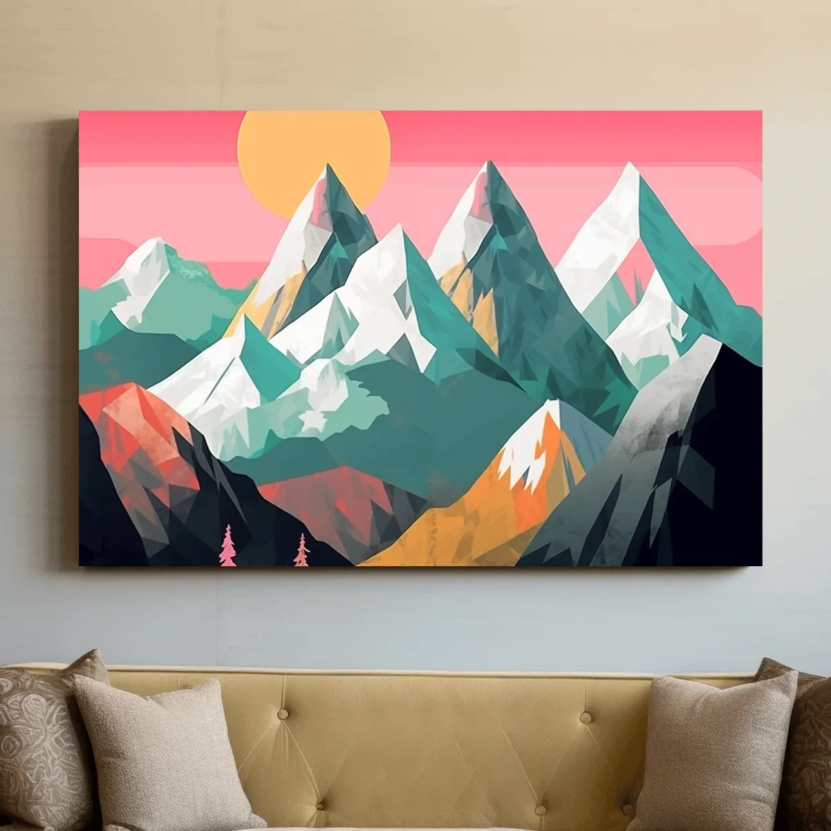 Alpine Mountains Sunrise Illustration - Colorful Landscape Wall Art