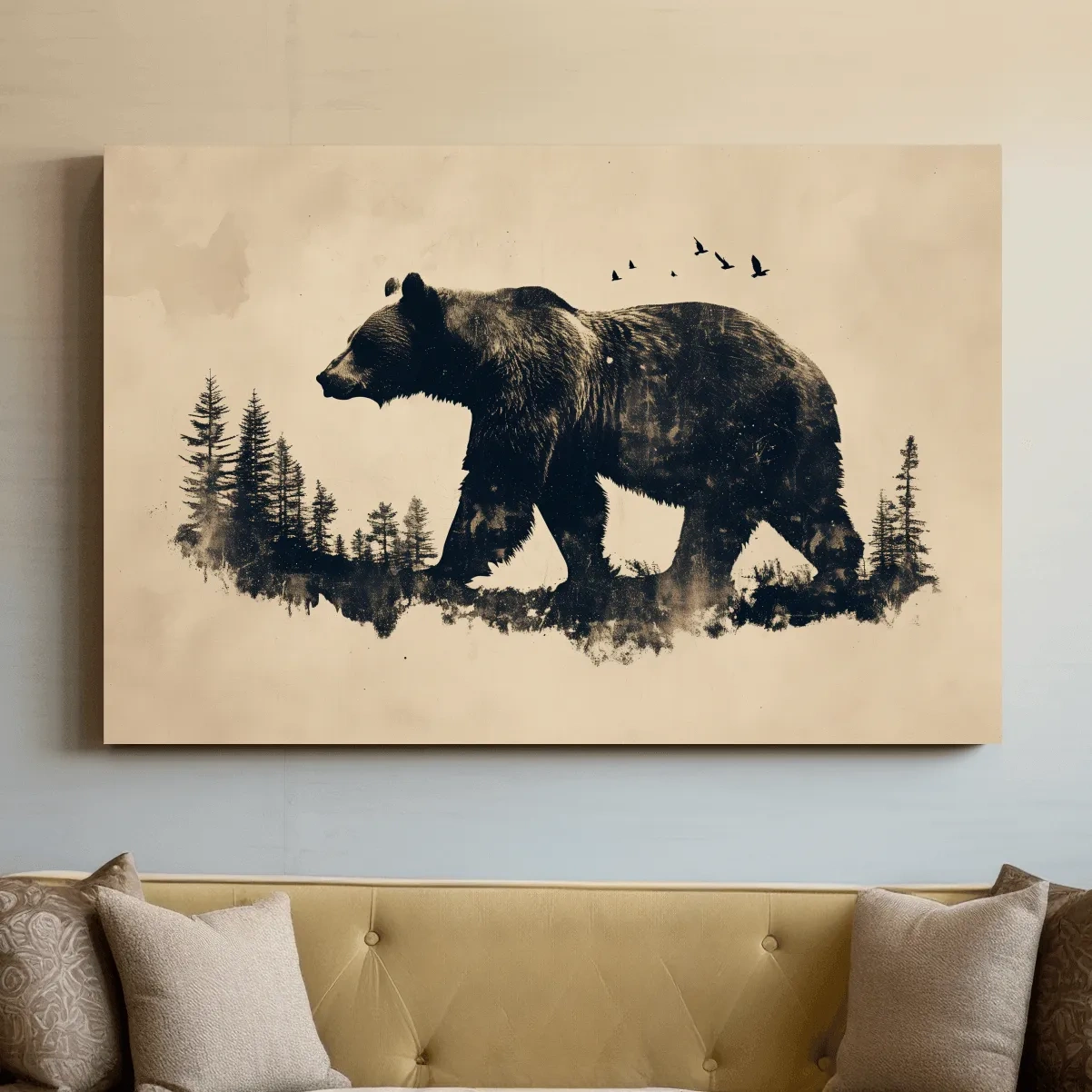 Vintage Grizzly Bear Forest Silhouette - Rustic Wildlife Wall Art