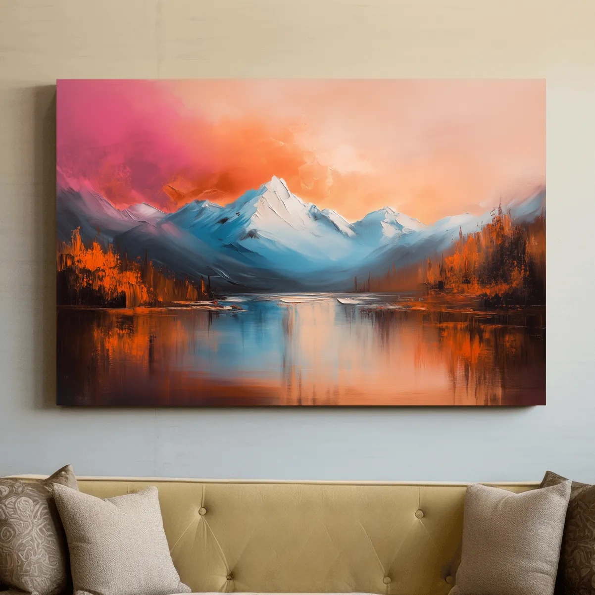 Sunset Mountain Lake Painting - Serene Abstract Landscape Wall Art Print