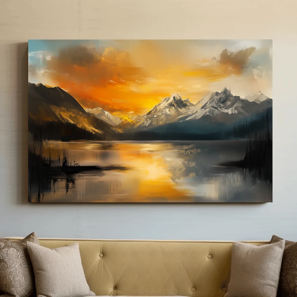 Moody Alpine Mountain Lake Sunset Painting - Oil Painting Style Wall Art