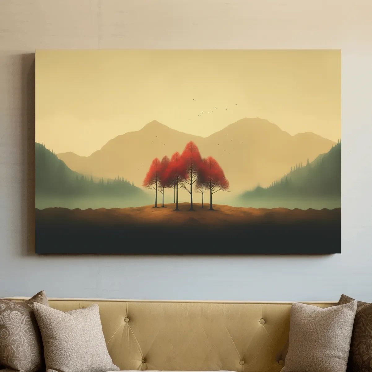 Minimalist Autumn Tree Grove Landscape - Misty Mountain Forest Wall Art