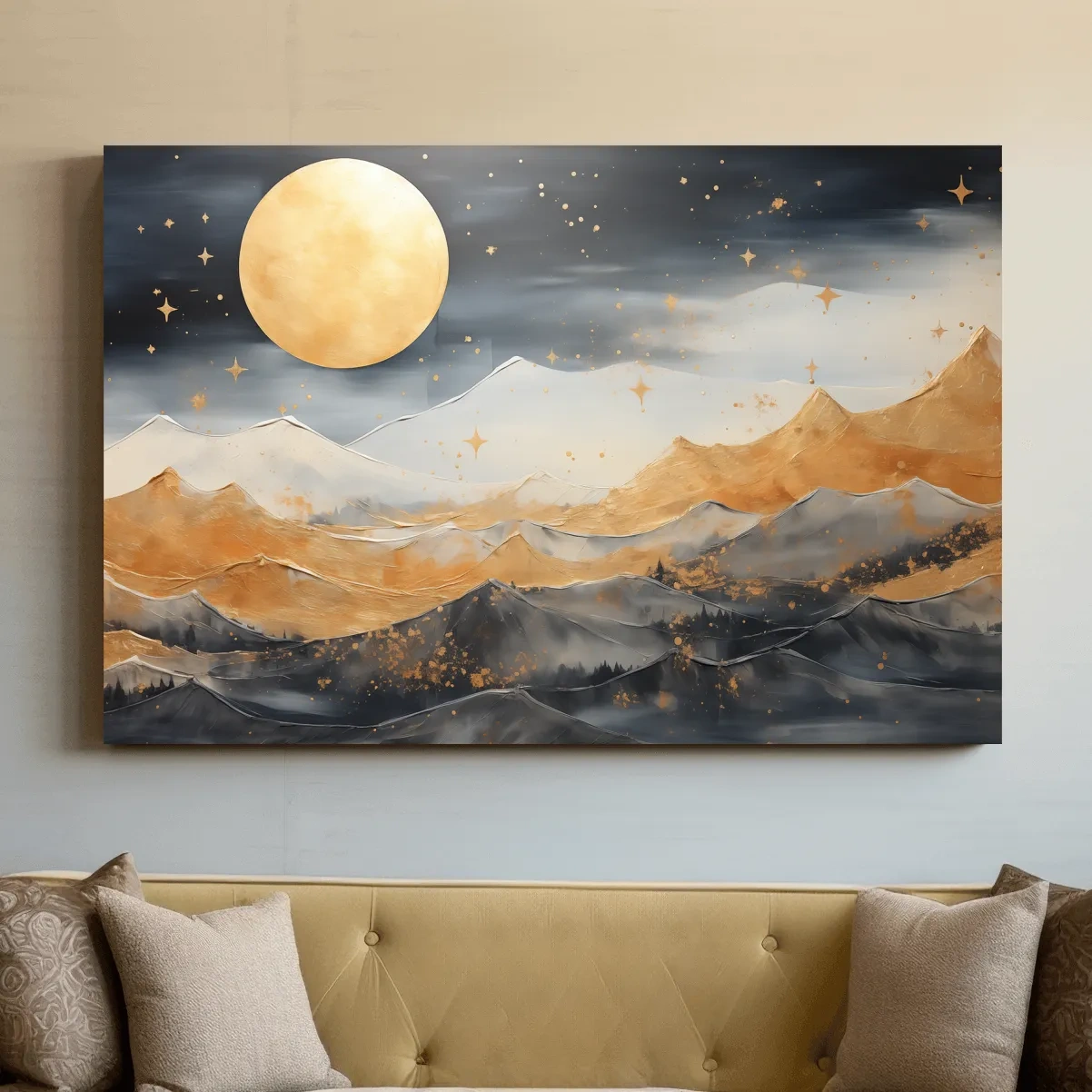 Golden Moonlit Abstract Mountain Landscape - Modern Metallic Watercolor Wall Art