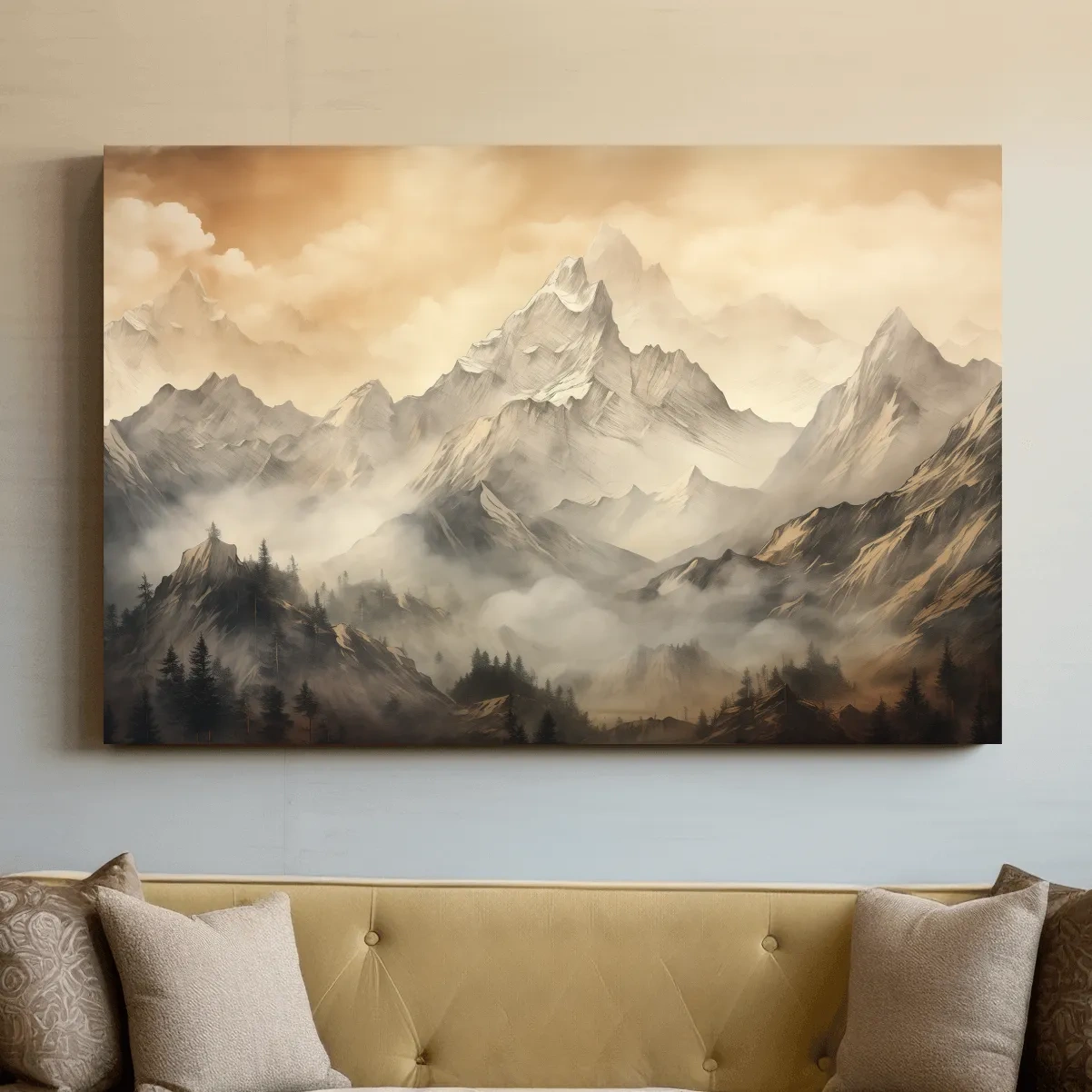 Moody Sepia Misty Mountain Peaks - Atmospheric Alpine Landscape Painting Wall Art