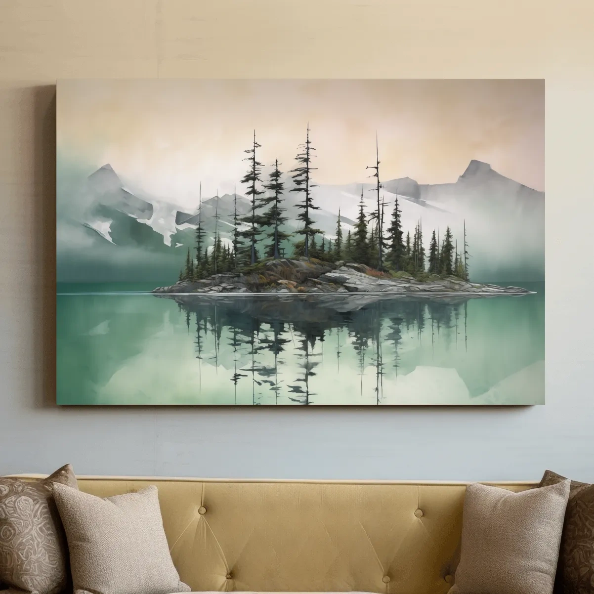 Misty Turquoise Alpine Lake Reflection - Serene Watercolor Mountain Landscape Wall Art