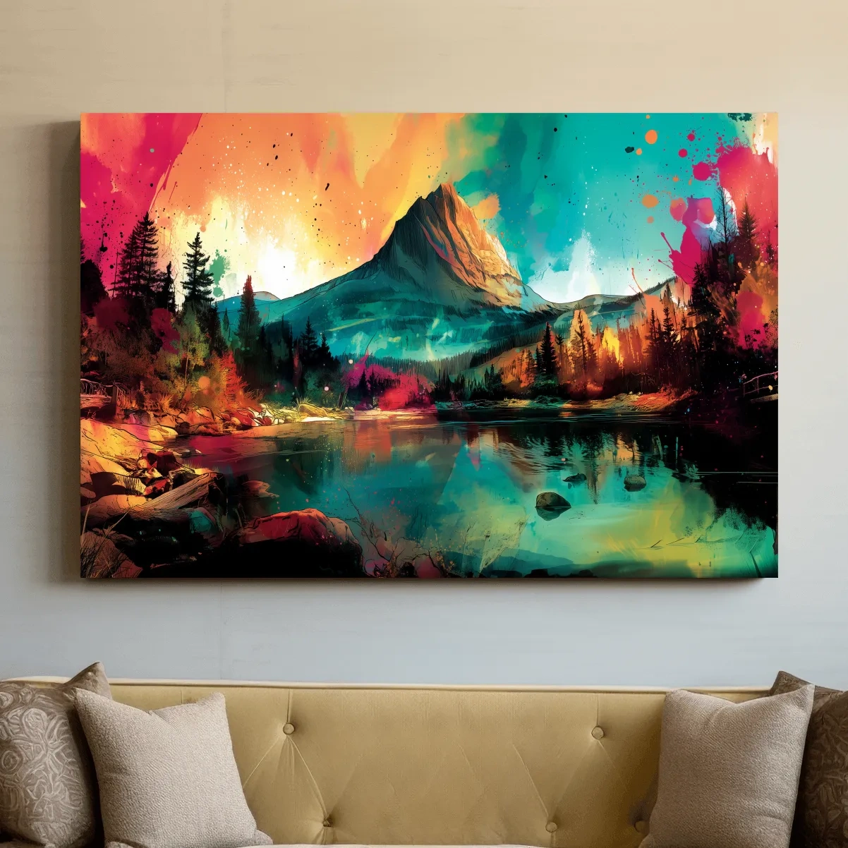 Vibrant Abstract Alpine Mountain Sunrise - Colorful Watercolor Style Artwork