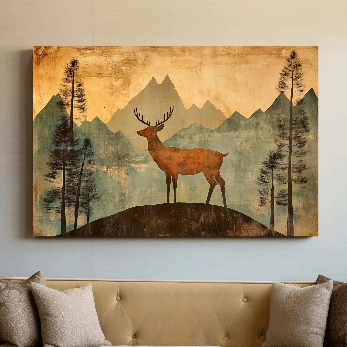 Rustic Deer Silhouette Mountain Landscape - Vintage Woodland Wall Art