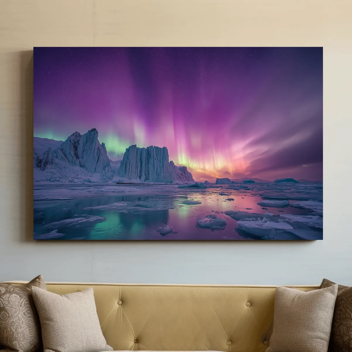 Vibrant Purple Northern Lights Over Arctic Icebergs - Aurora Borealis Landscape Wall Art