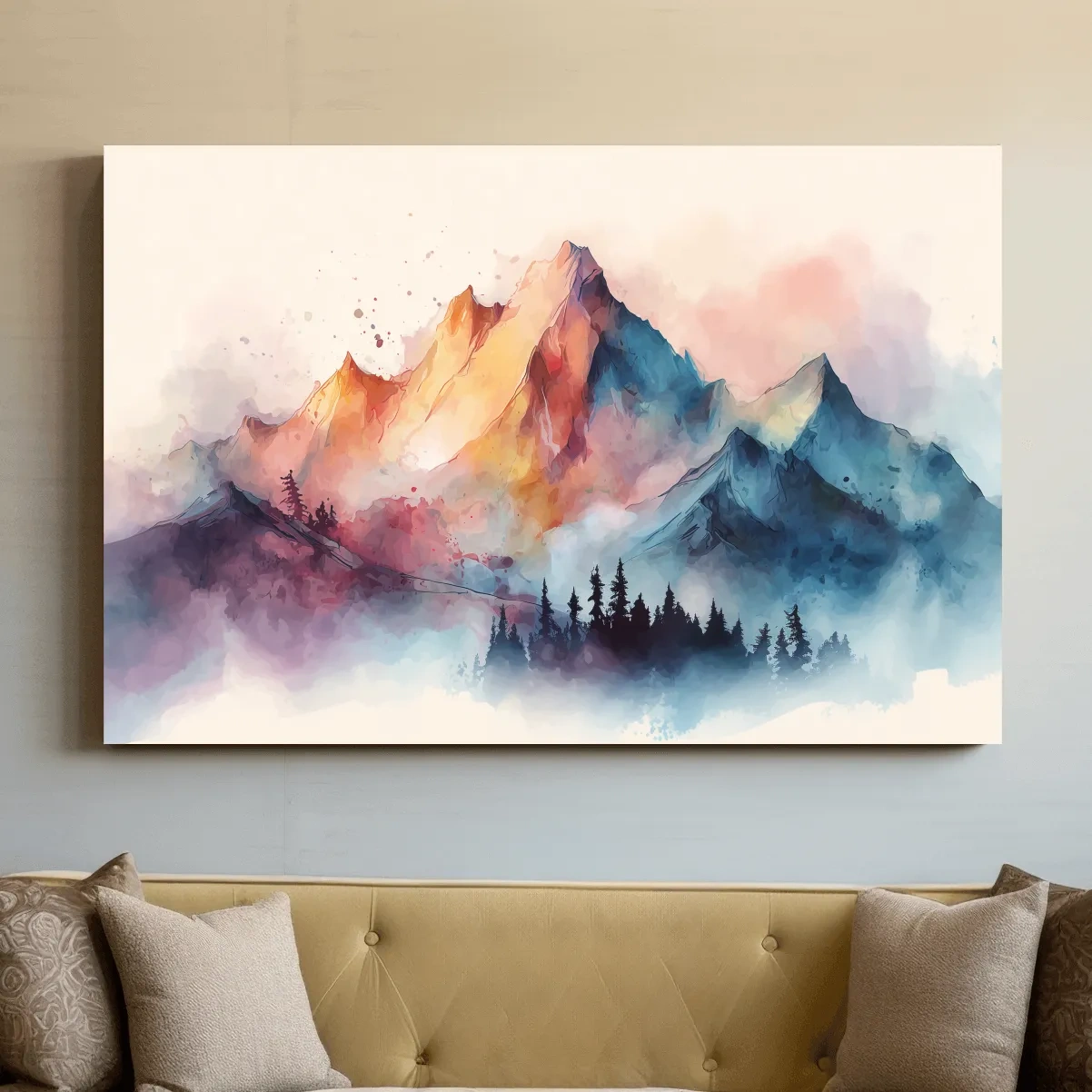 Vibrant Watercolor Mountain Peaks - Colorful Misty Alpine Forest Wall Art