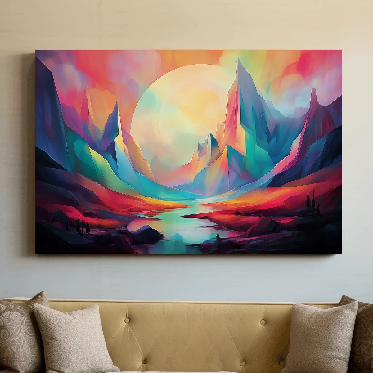 Vibrant Abstract Mountain Valley Sunset - Colorful Surreal Landscape Wall Art