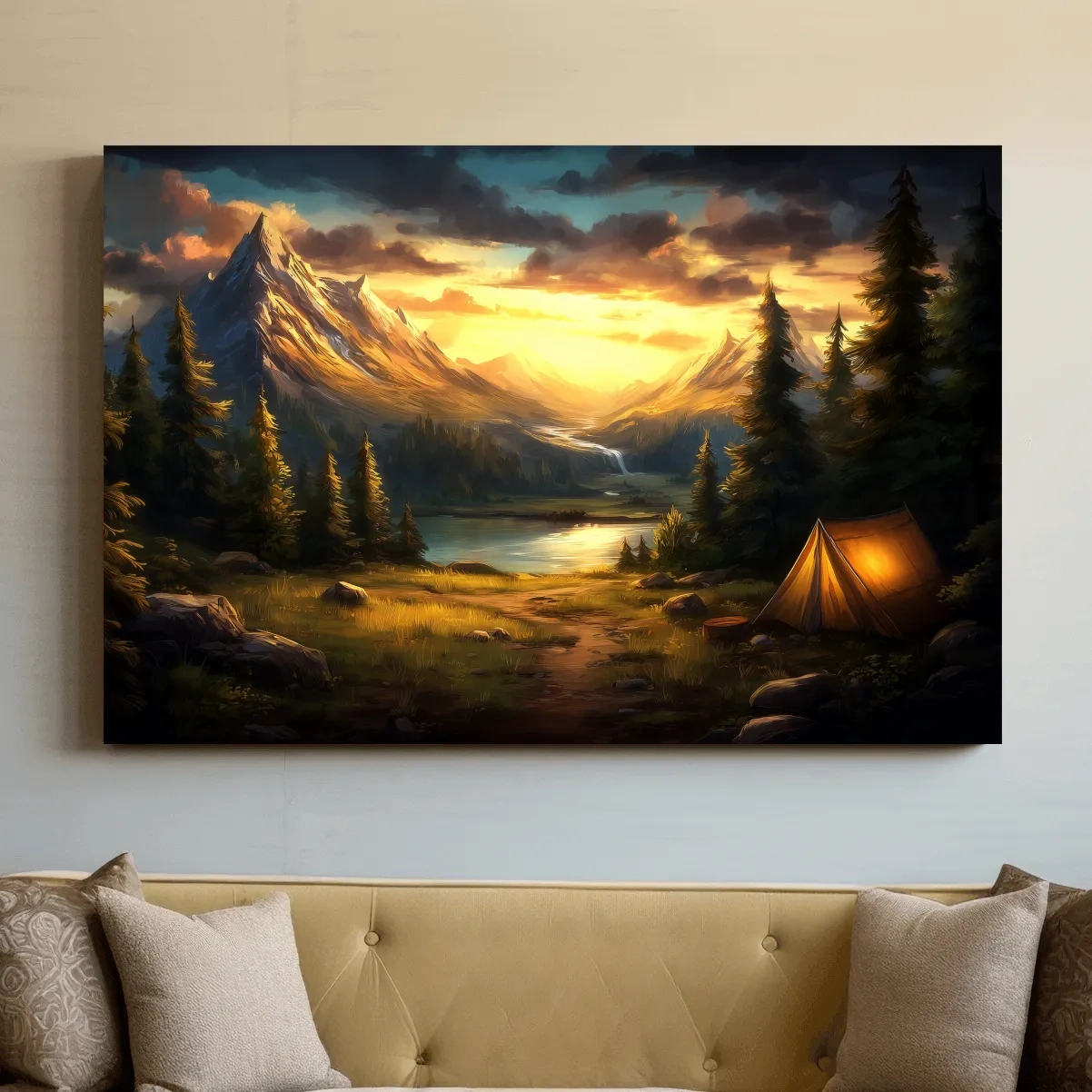 Golden Sunset Alpine Camping Scene Impressionist Painting - Scenic Mountain Wall Art