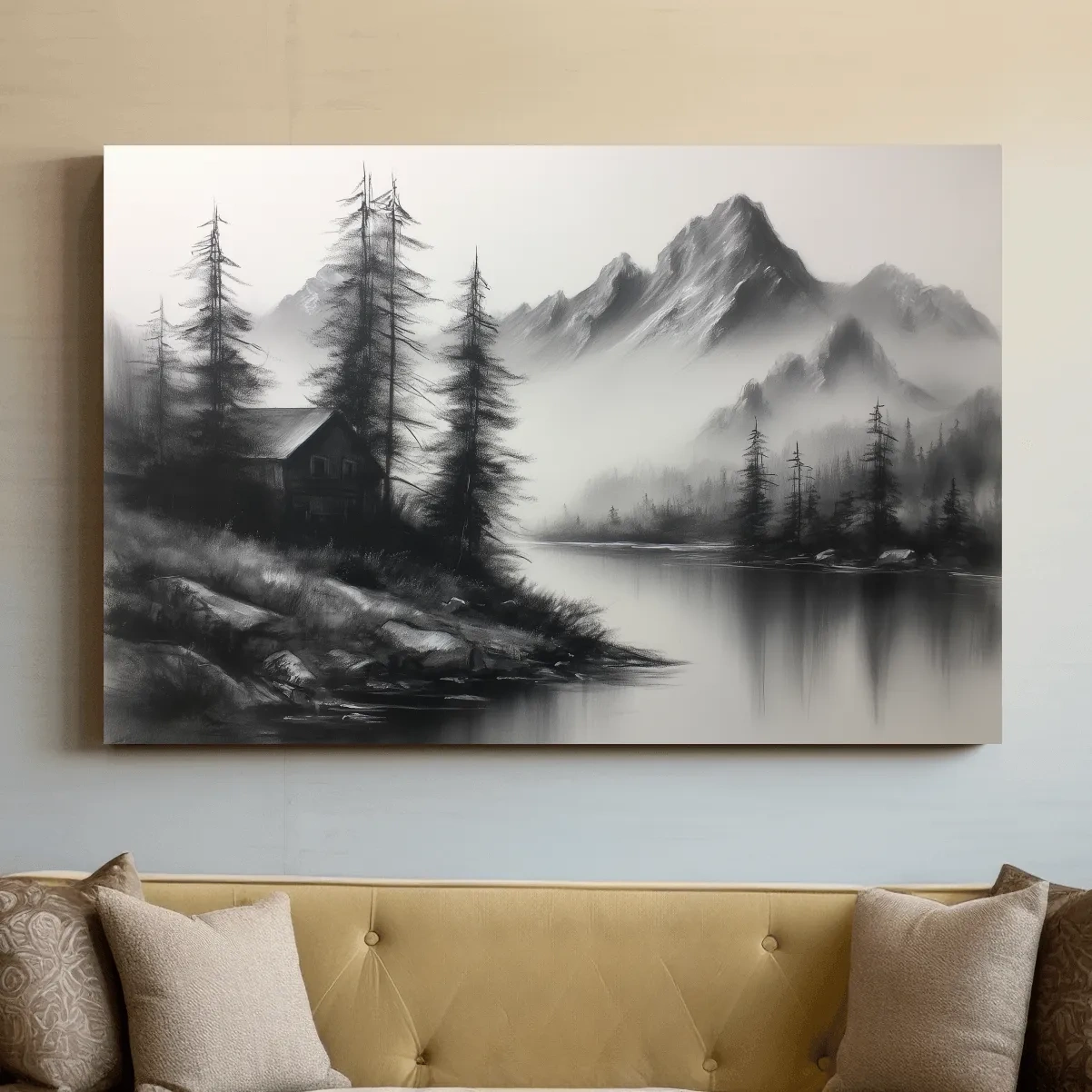 Moody Monochrome Alpine Lake Cabin - Charcoal Mountain Sketch Style Wall Art