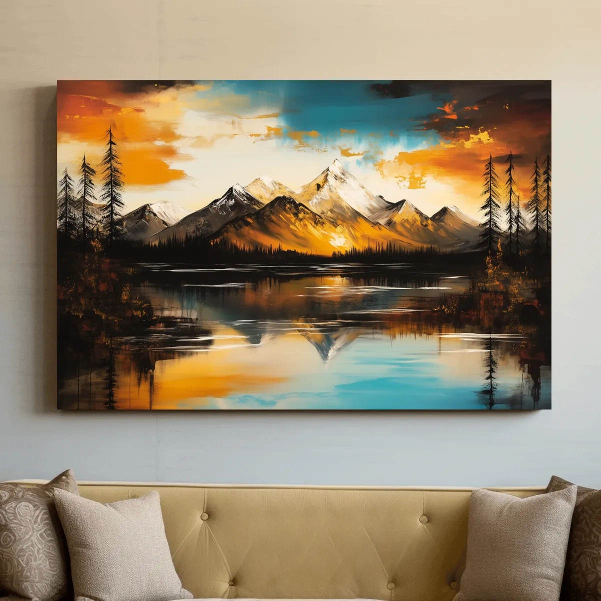 Alpine Mountain Sunset Oil Painting - Textured Abstract Landscape Wall Art