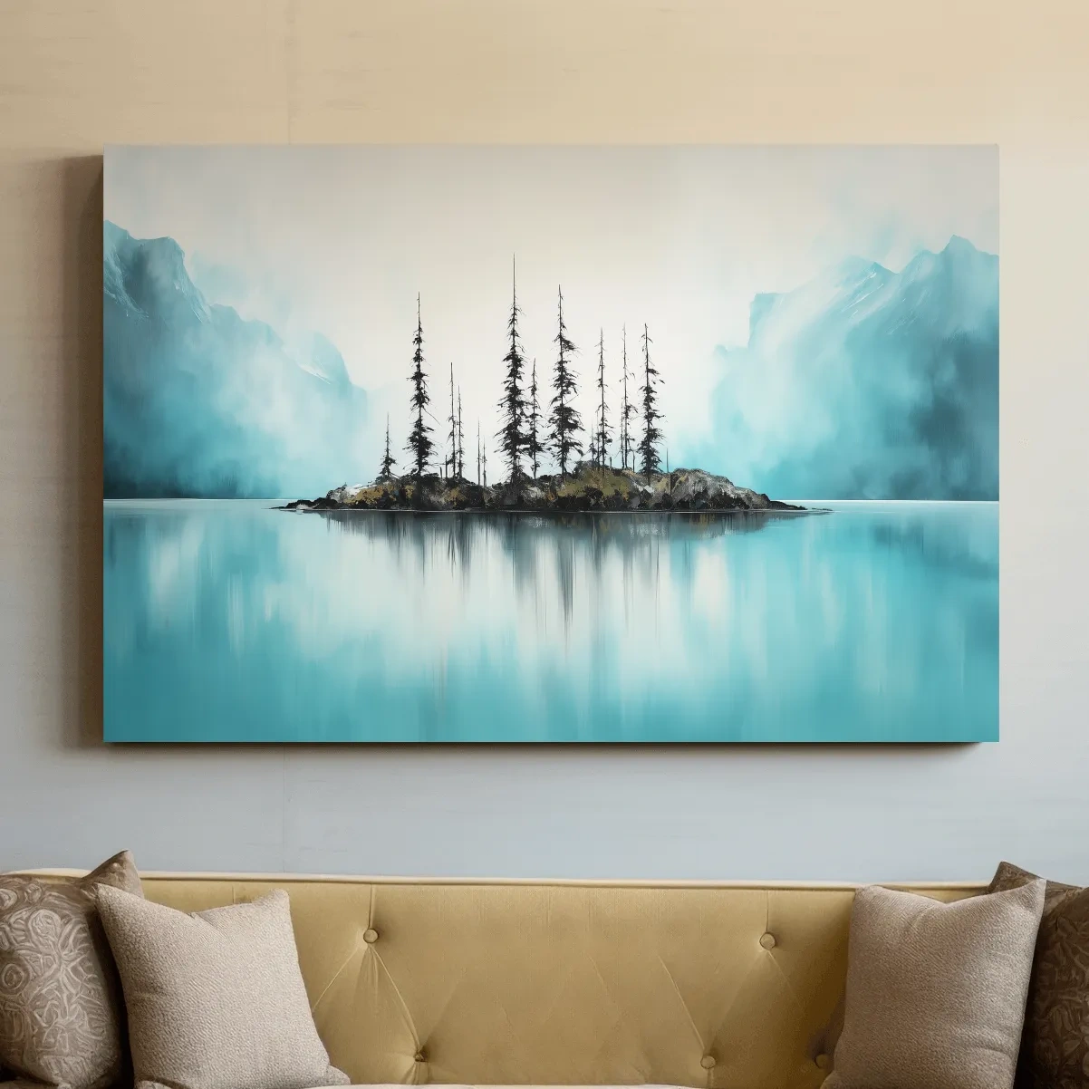 Misty Turquoise Mountain Lake Reflection - Minimalist Watercolor Landscape Wall Art
