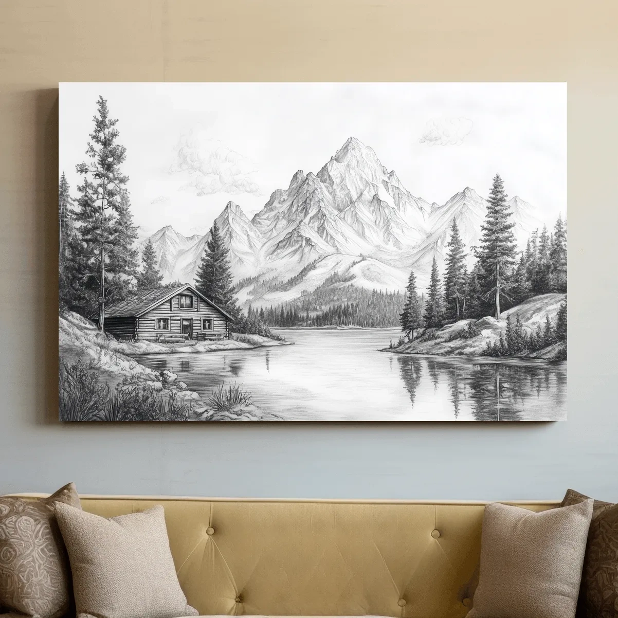 Vintage Pencil Sketch Alpine Lake Cabin - Black And White Mountain Landscape Wall Art
