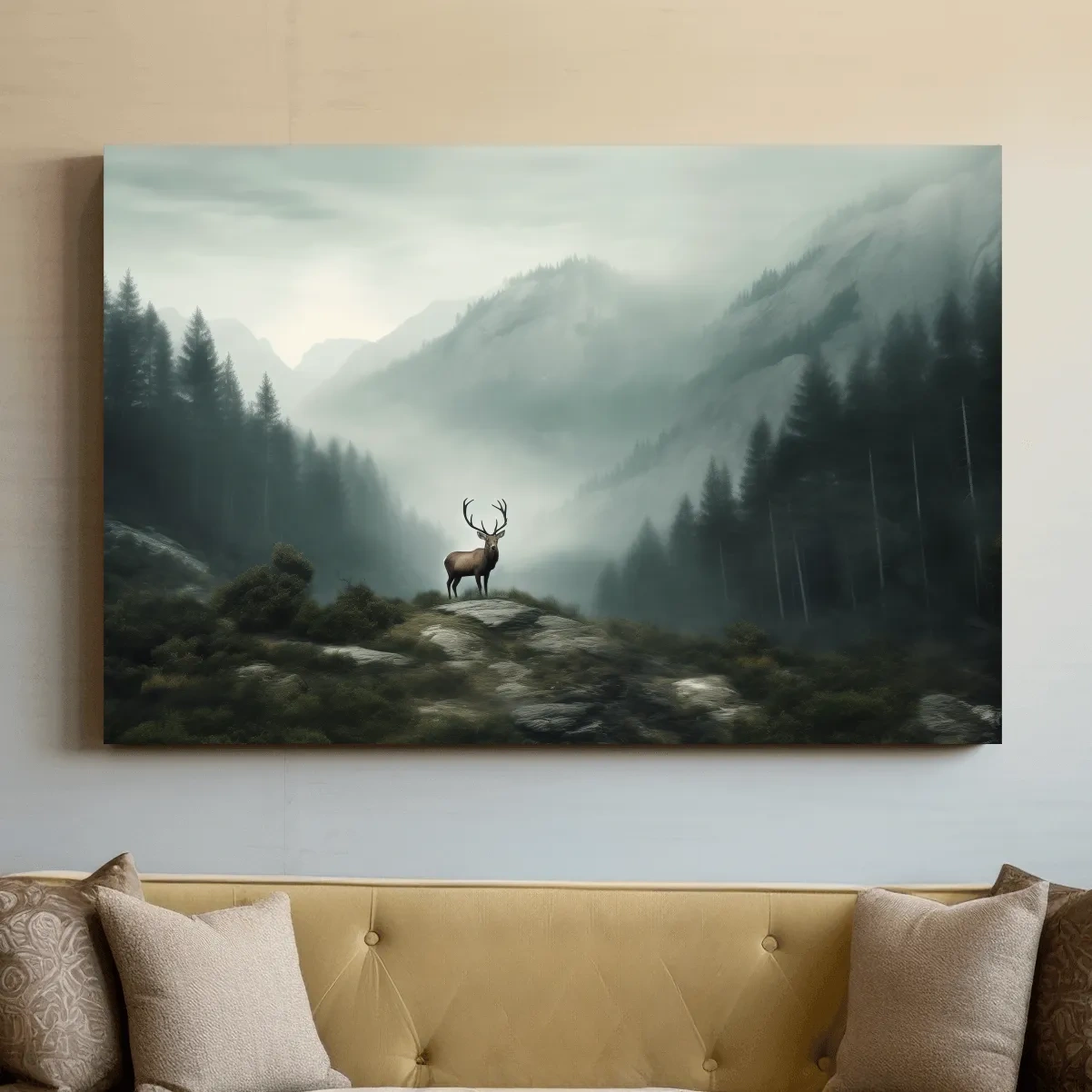 Moody Misty Mountain Deer Landscape - Atmospheric Forest Wildlife Wall Art
