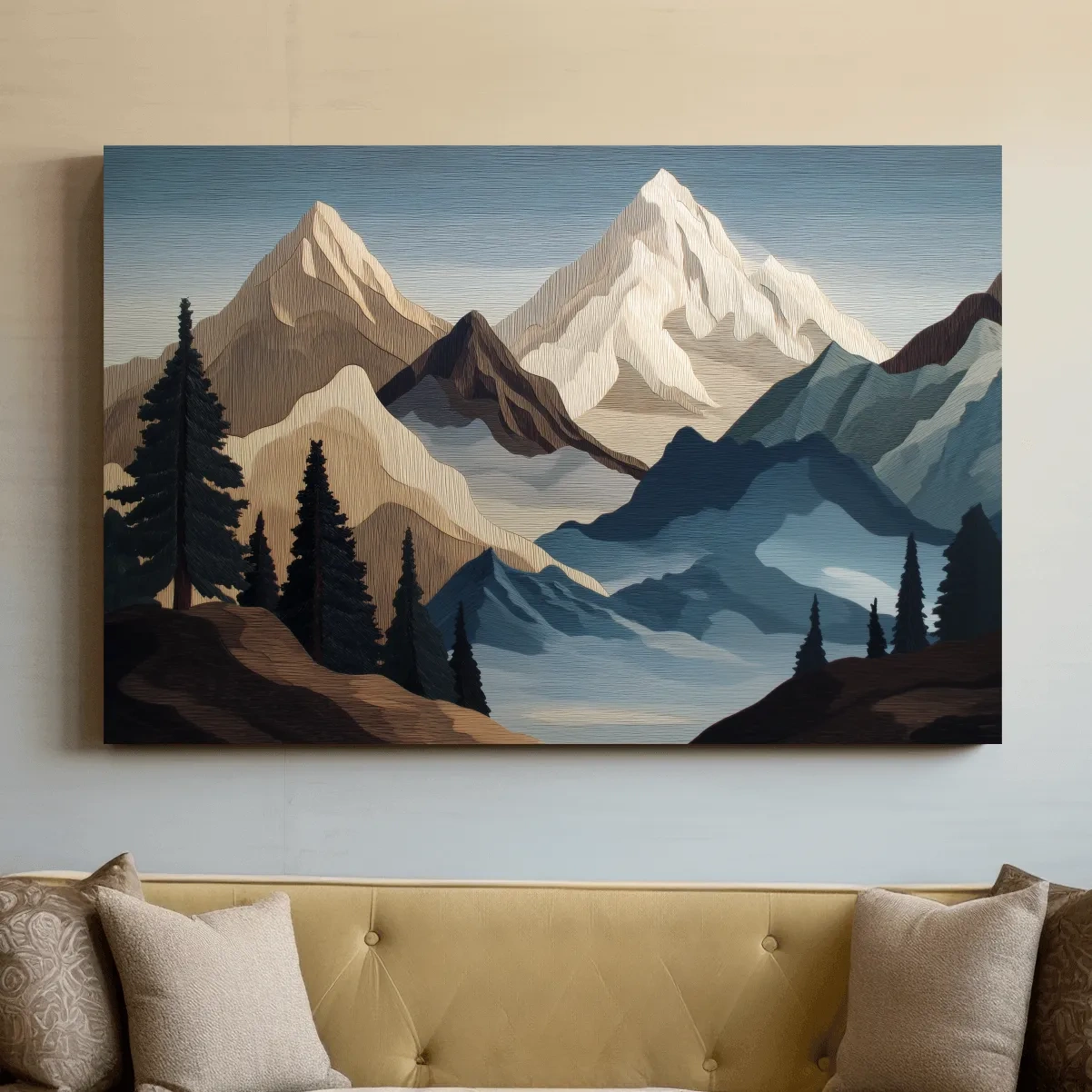 Textured Layered Alpine Mountain Peaks - Scenic Forest Wall Art