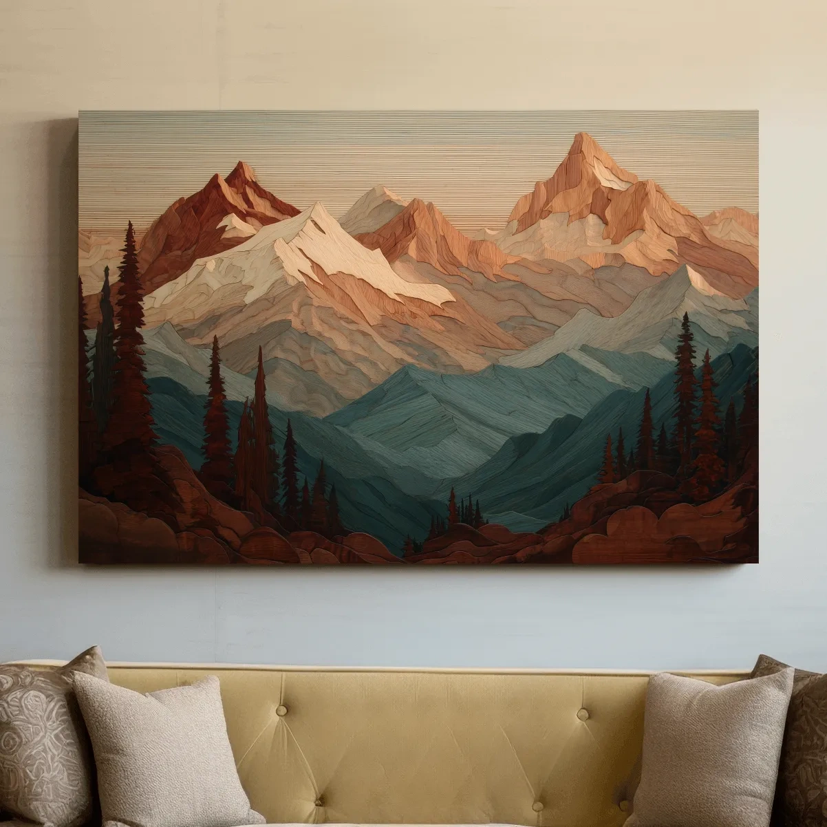 Layered Wood Alpine Mountain Range - Textured Topographic Landscape Wall Art