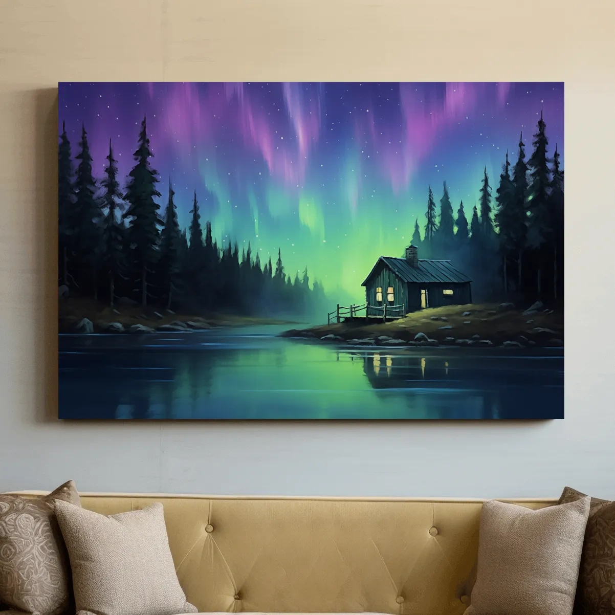 Northern Lights Over Lakeside Cabin Painting - Aurora Borealis Night Wall Art