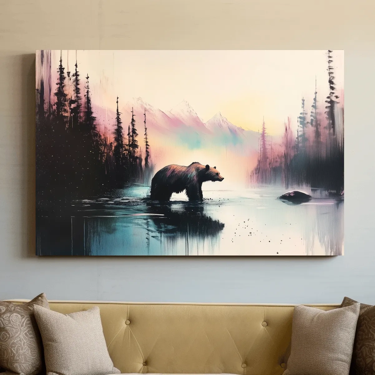 Moody Watercolor Grizzly Bear Lake Reflection - Misty Mountain Wilderness Wall Art
