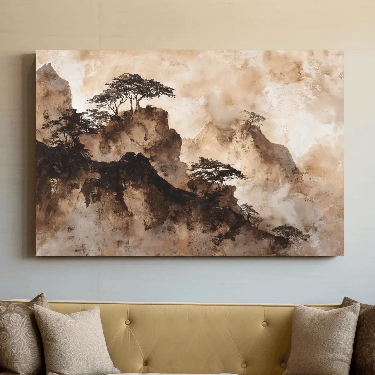 Sepia Japandi Mountain Ridge Painting - Atmospheric Ink Wash Art