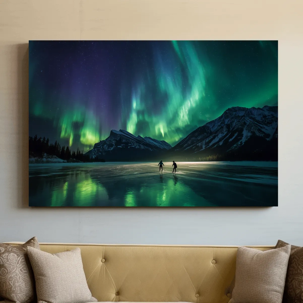 Ice Skaters Under Vibrant Northern Lights - Aurora Borealis Photographic Wall Art