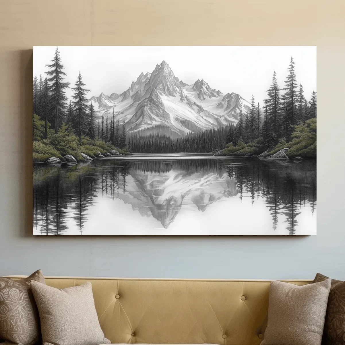 Monochrome Alpine Mountain Lake Reflection Sketch Artwork - Minimalist Forest Landscape Wall Art