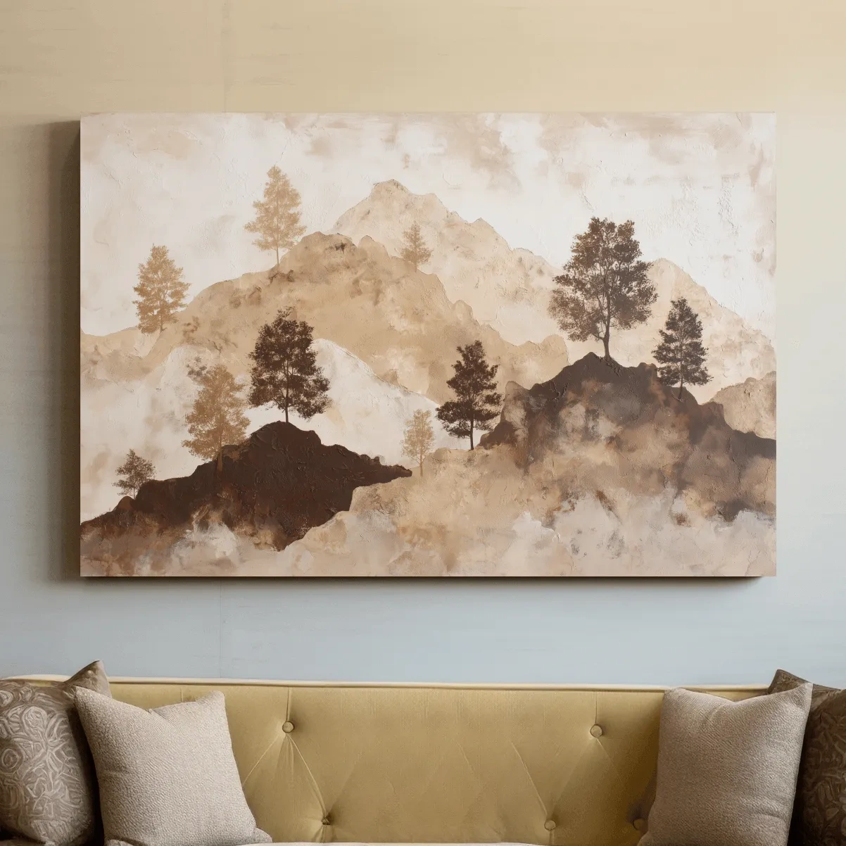 Wabi-Sabi Mountain Tree Silhouettes Painting - Minimalist Landscape Wall Art