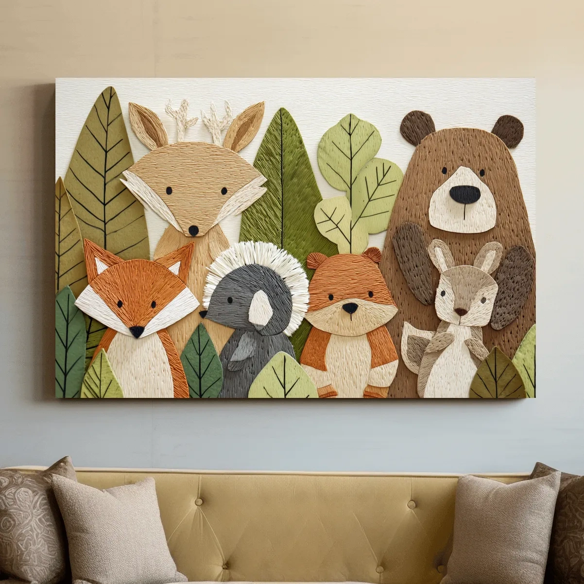 Woodland Animal Nursery Decor - Cute Forest Animals Embroidery Style Wall Art