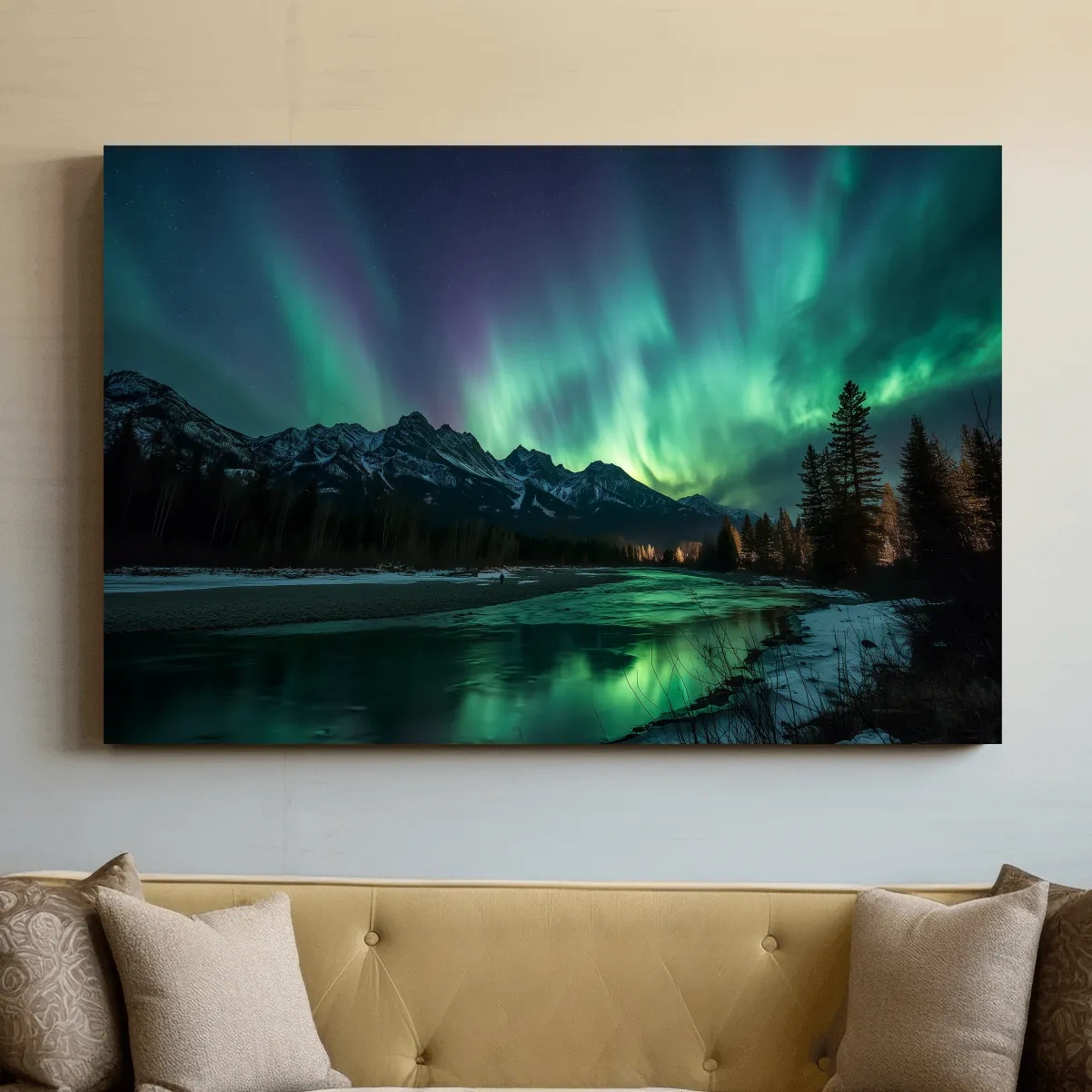 Vibrant Green Northern Lights Over Frozen Lake - Aurora Borealis Landscape Wall Art
