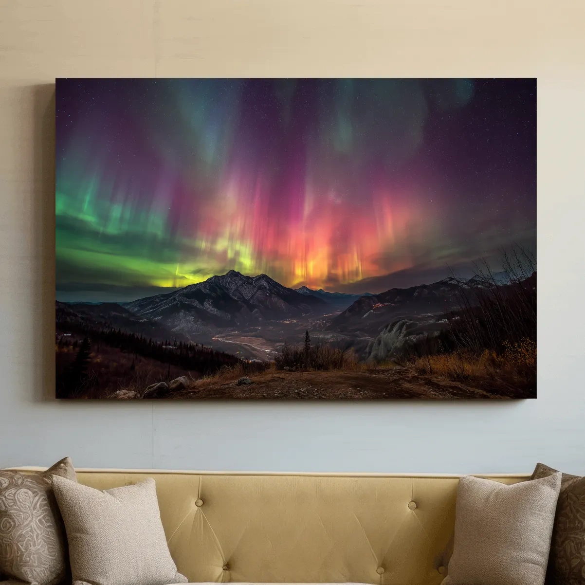 Vibrant Aurora Borealis Over Mountain Range - Colorful Northern Lights Landscape Wall Art