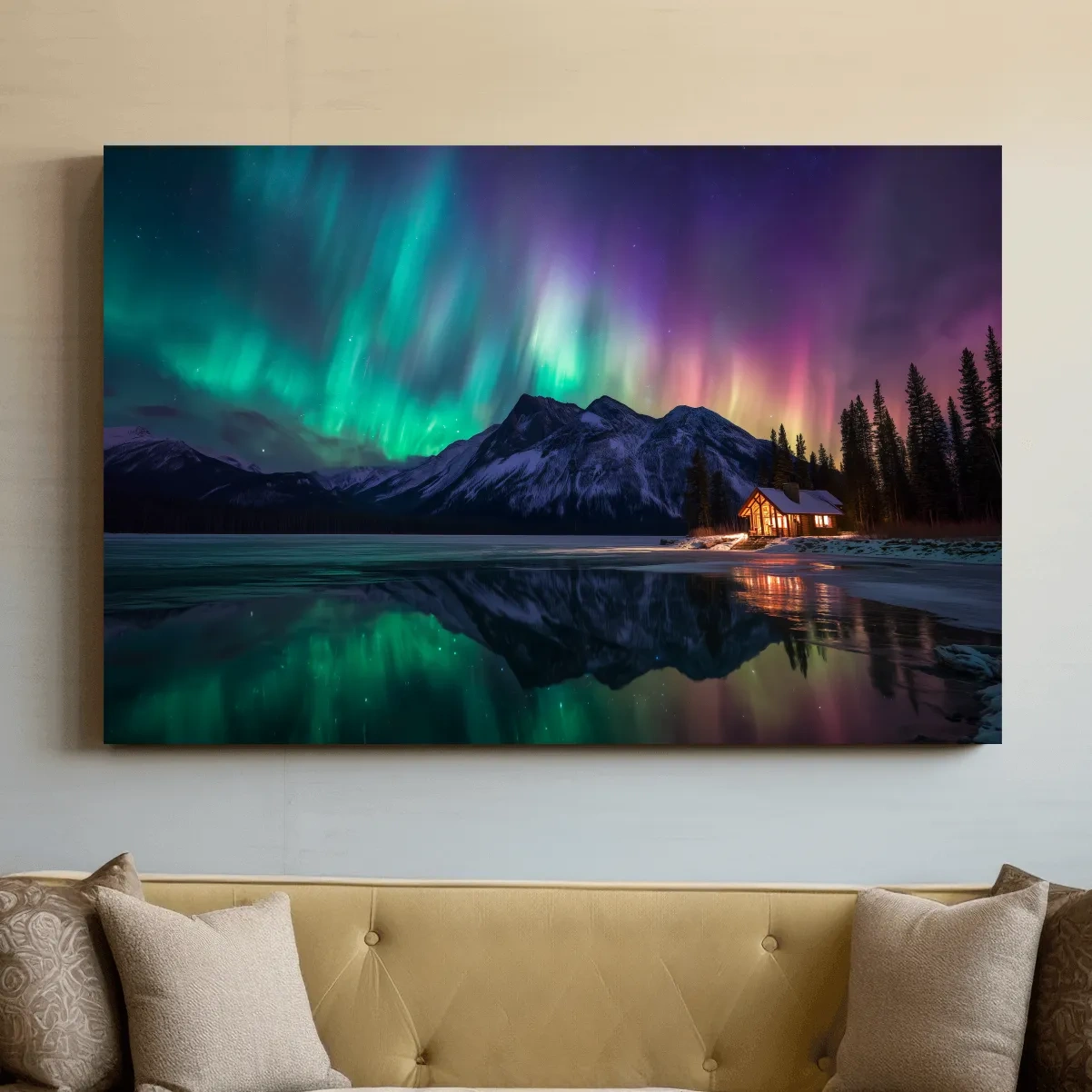 Vibrant Northern Lights Over Mountain Lake Cabin - Aurora Borealis Landscape Wall Art