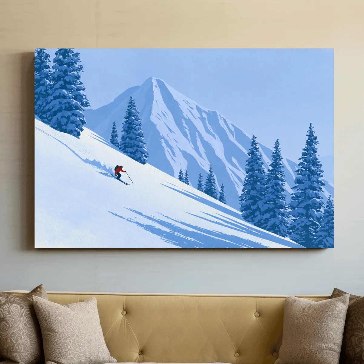 Minimalist Snowy Mountain Skier Landscape - Winter Alpine Illustration Wall Art