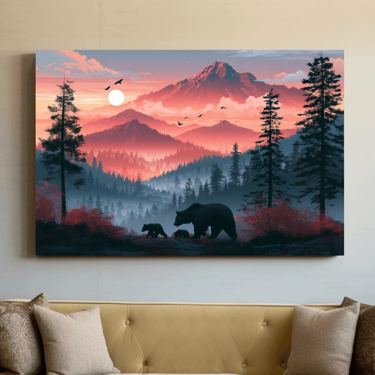 Sunset Mama Bear & Cubs Silhouette - Forest Wildlife Wall Art