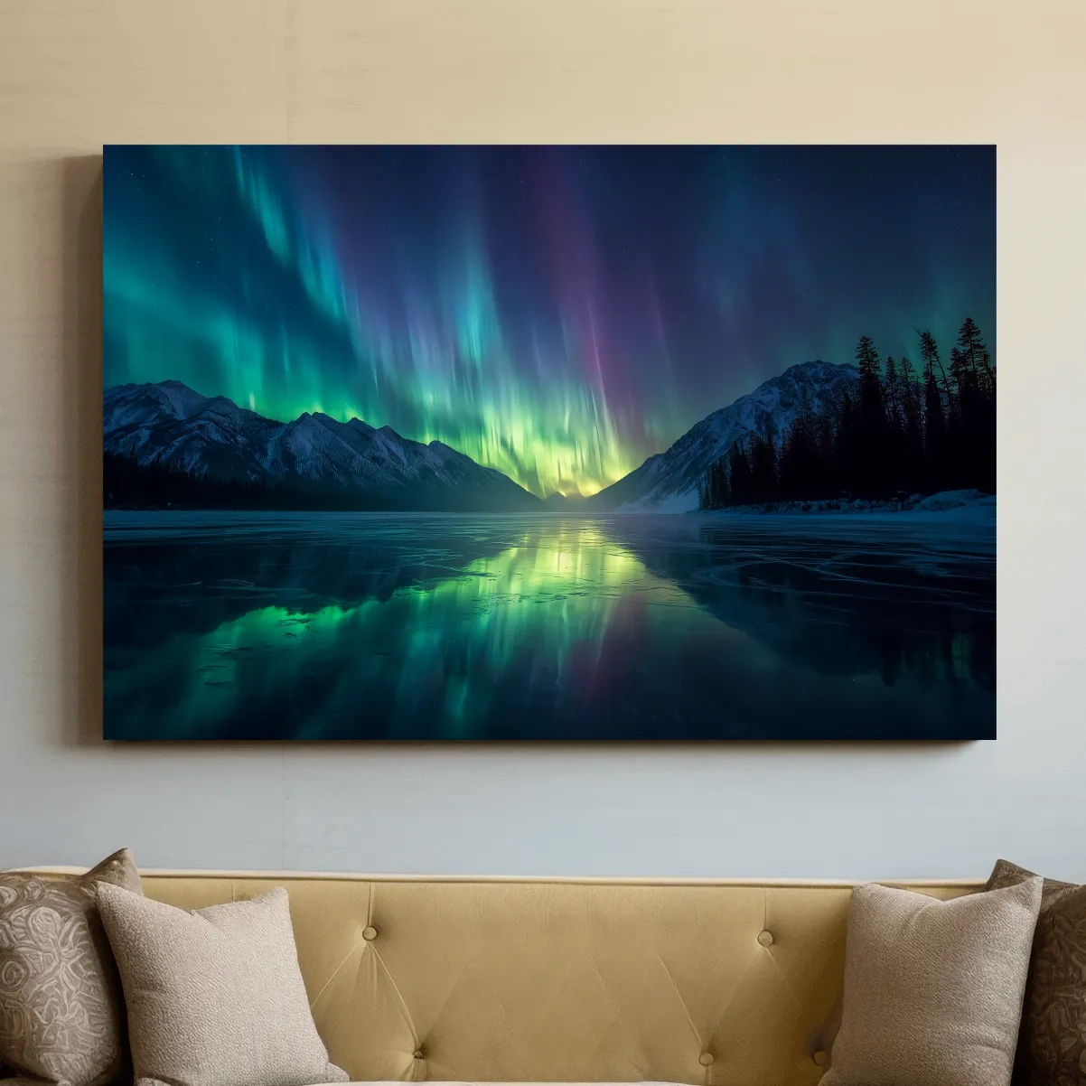 Vibrant Northern Lights Over Icy Mountain Lake - Aurora Borealis Wall Art