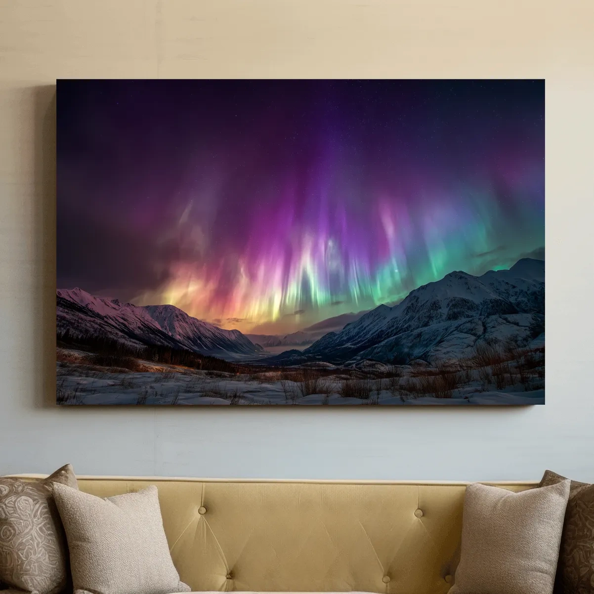 Vibrant Aurora Borealis Over Snowy Mountains - Northern Lights Night Sky Wall Art