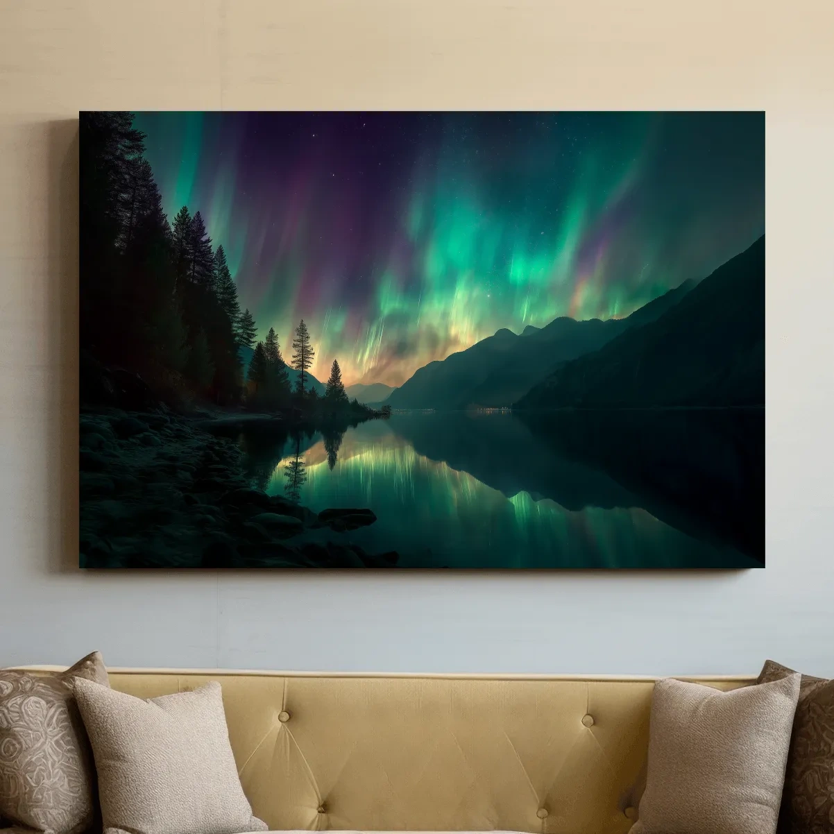 Vibrant Northern Lights Lake Reflection - Aurora Borealis Mountain Wall Art