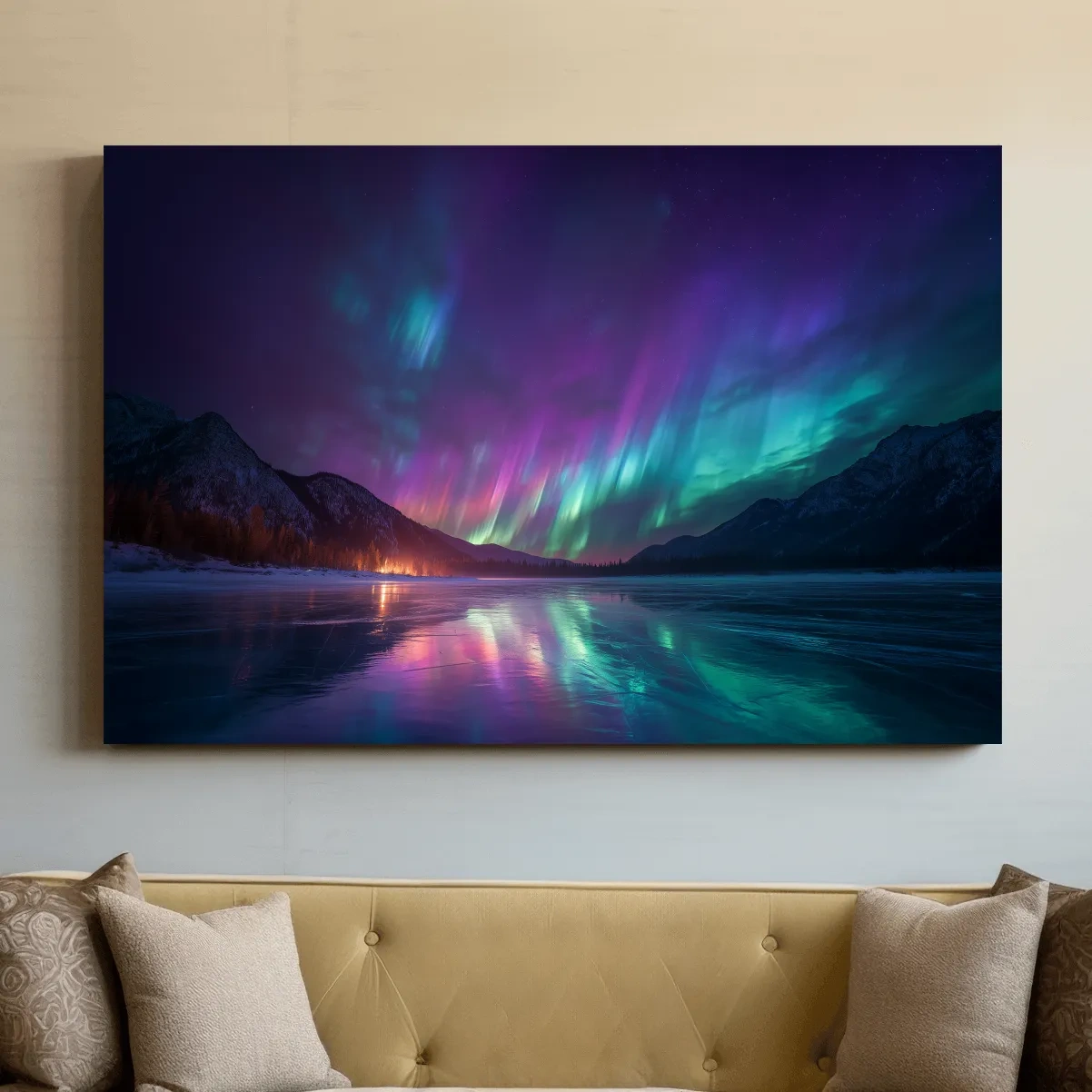 Vibrant Aurora Borealis Over Frozen Lake - Northern Lights Mountain Wall Art