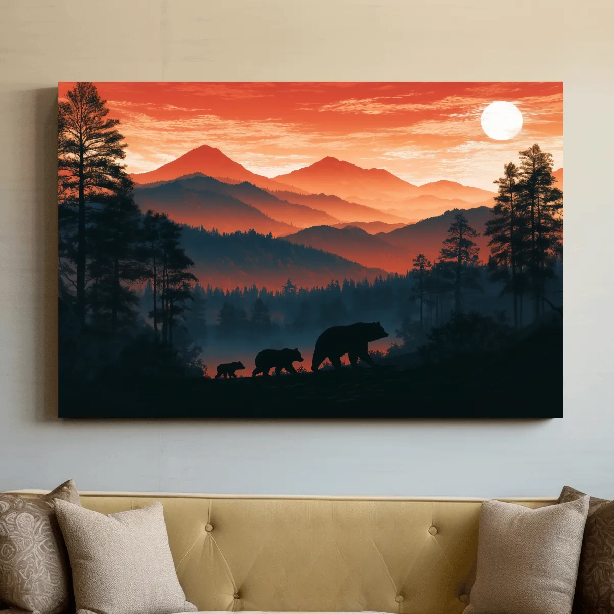 Mountain Sunset Bear Family Silhouettes - Wilderness Landscape Artwork